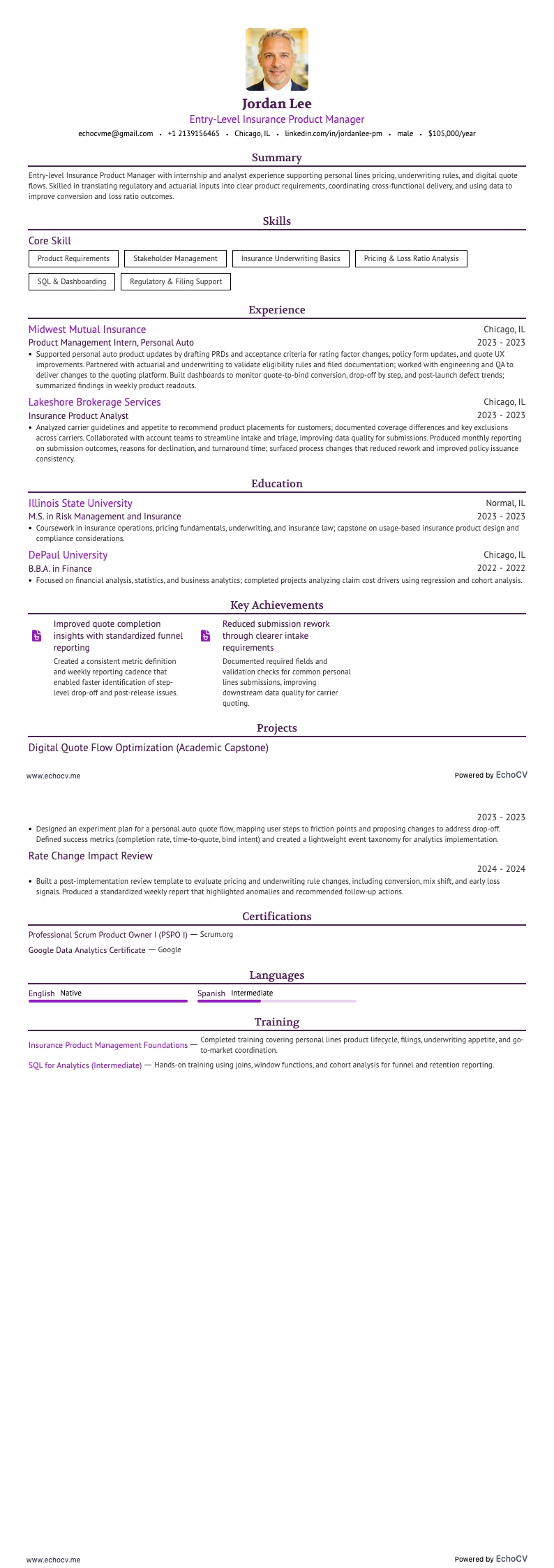 Entry-Level Insurance Product Manager example resume