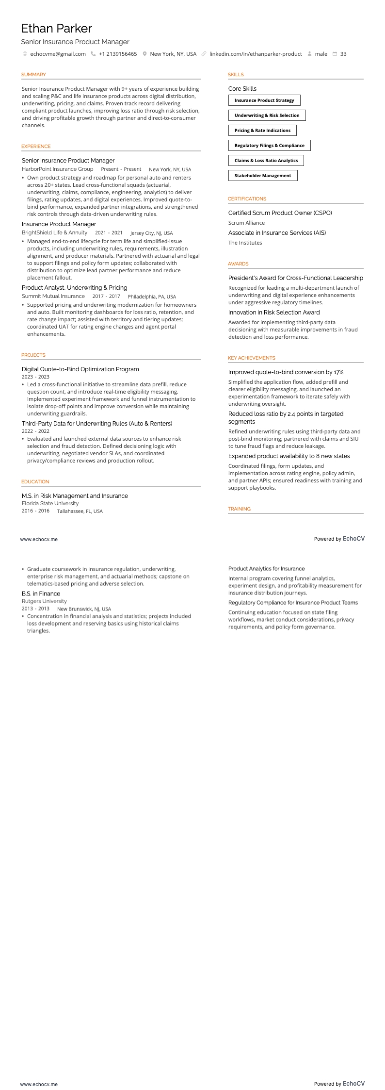 Senior Insurance Product Manager example resume
