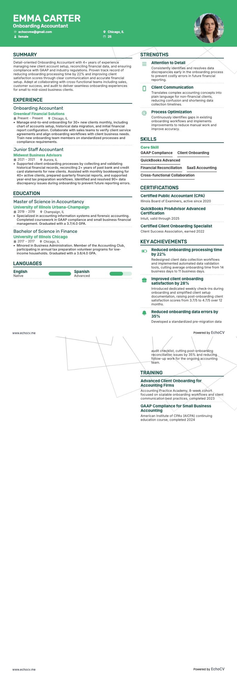 オンボーディング会計士 example resume