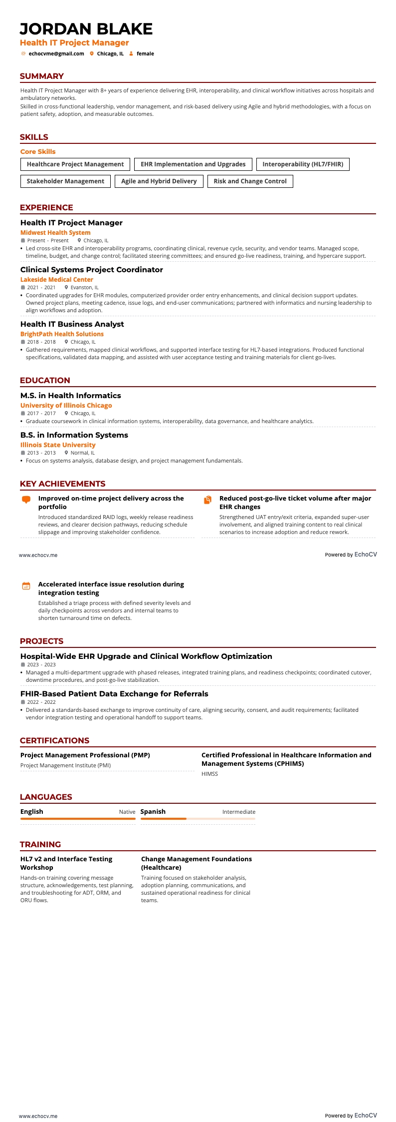 Healthcare Project Manager resume example