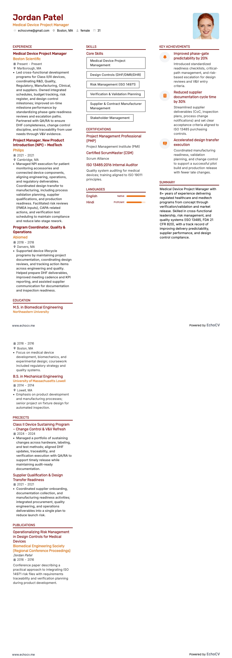 Medical Device Project Manager example resume