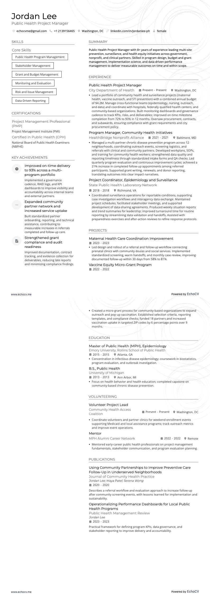 Public Health Project Manager example resume