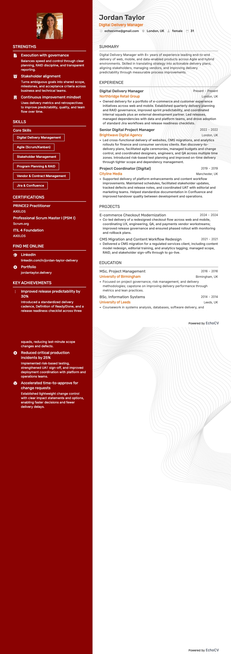 Responsable de la livraison numérique example resume