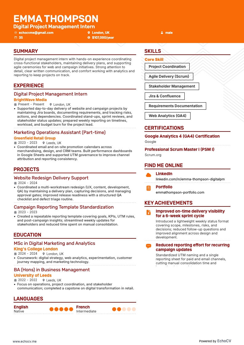 Stagiaire en gestion de projets digitaux example resume