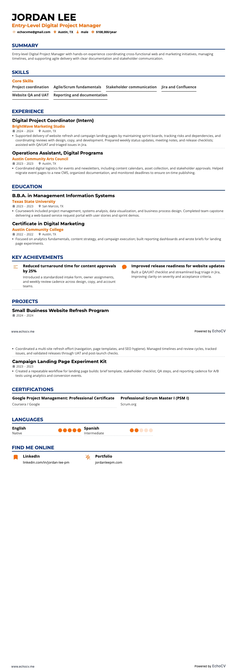 Chef de projet digital resume example