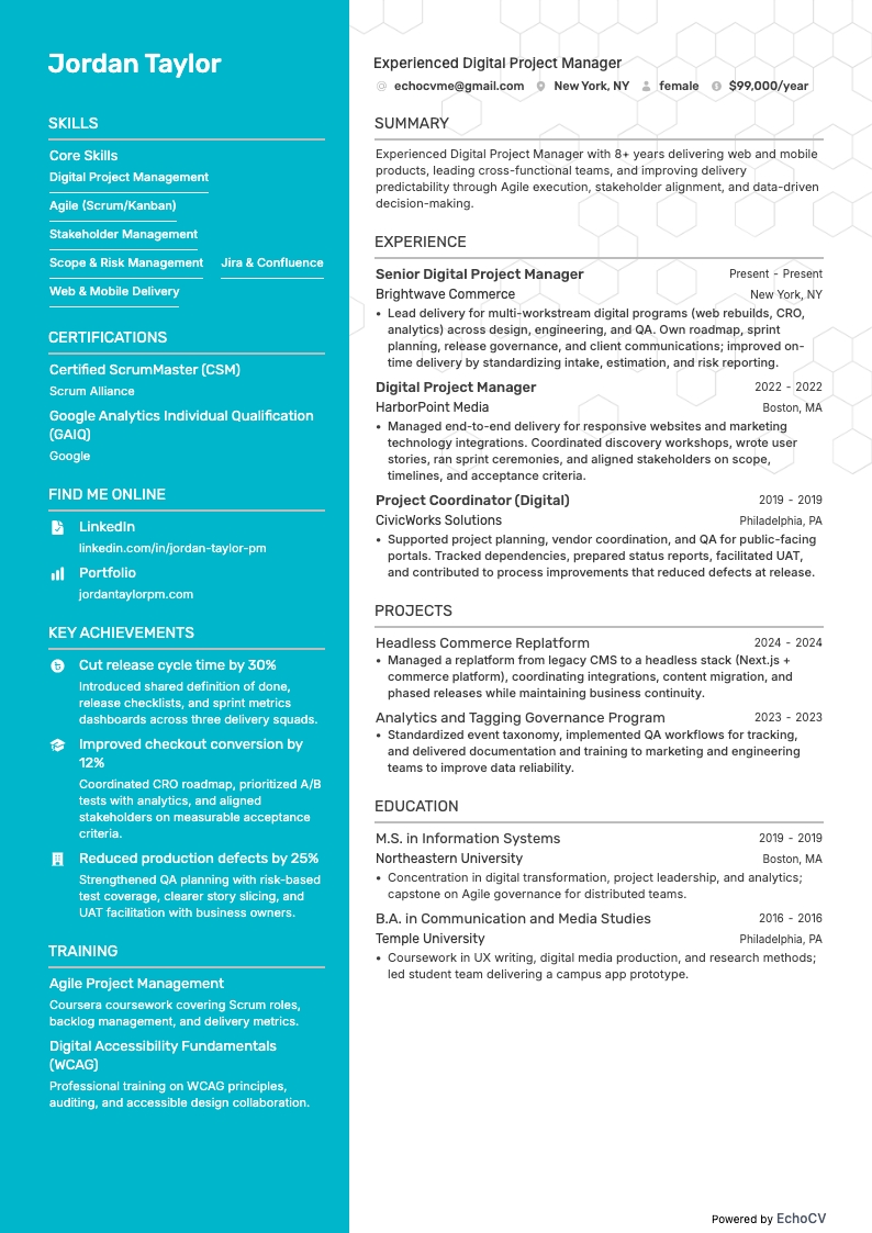 Chef de projet digital expérimenté example resume
