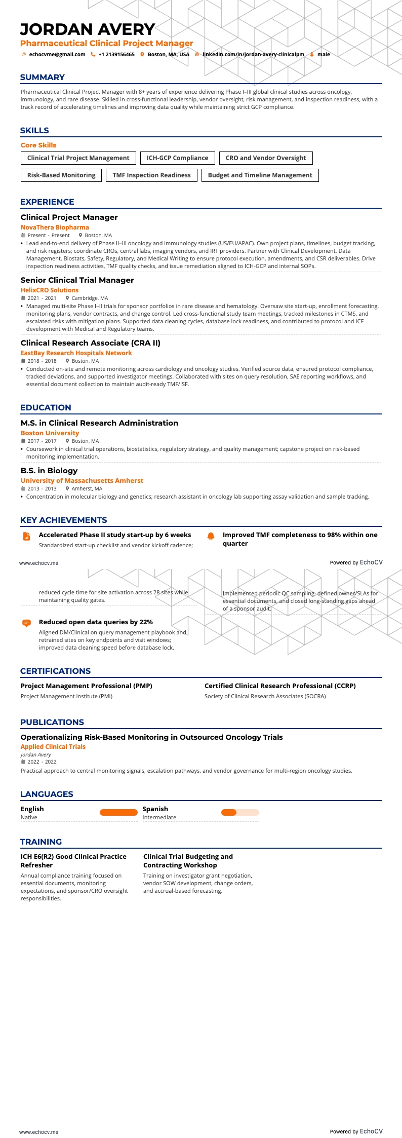 製薬臨床プロジェクトマネージャー example resume