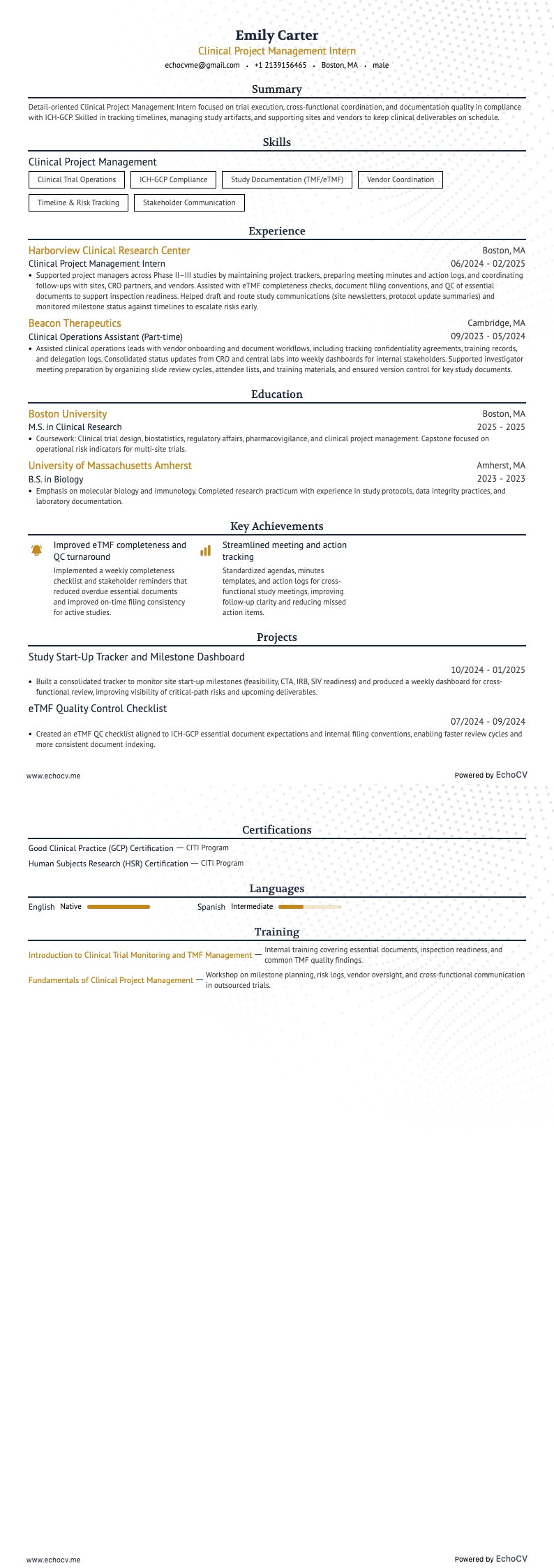 臨床プロジェクトマネジメントインターン example resume
