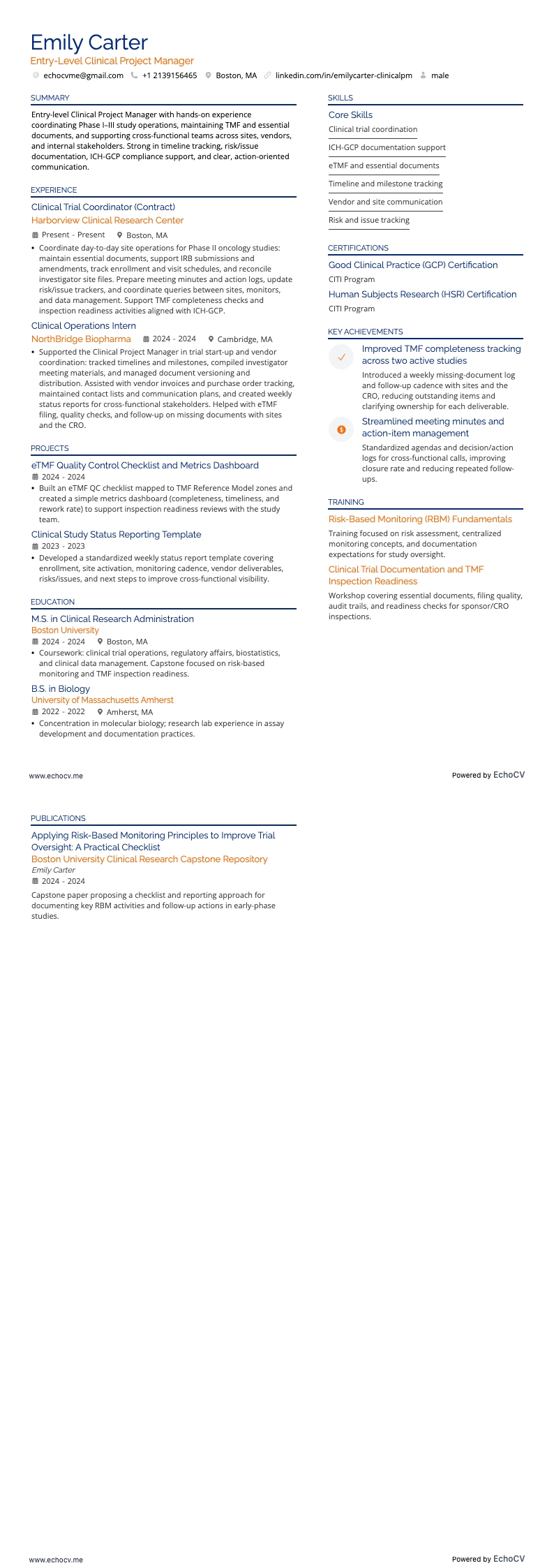 臨床プロジェクトマネージャー resume example