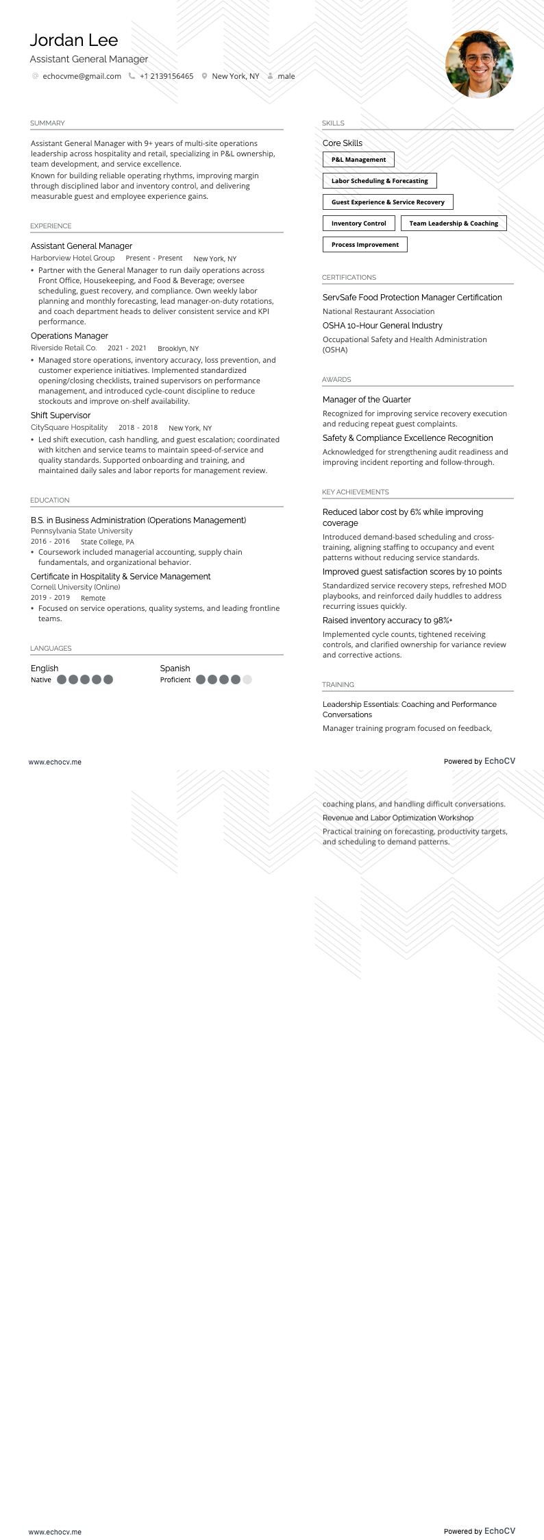 Assistant General Manager example resume