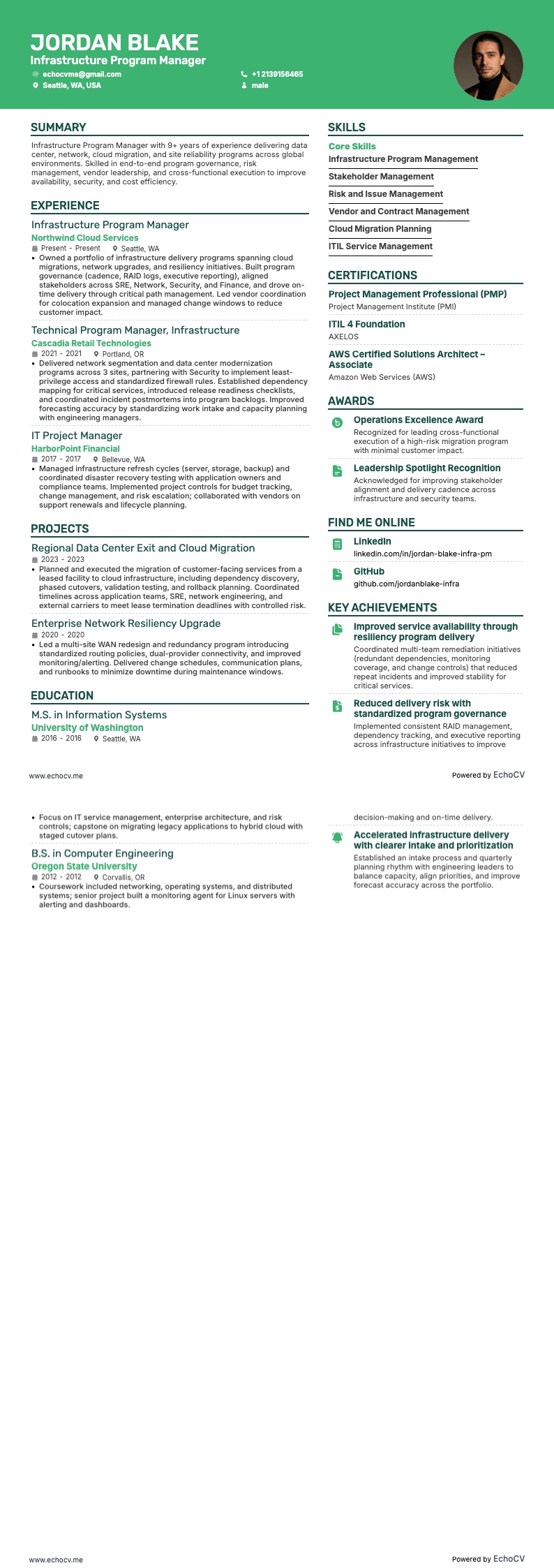 Infrastructure Program Manager example resume