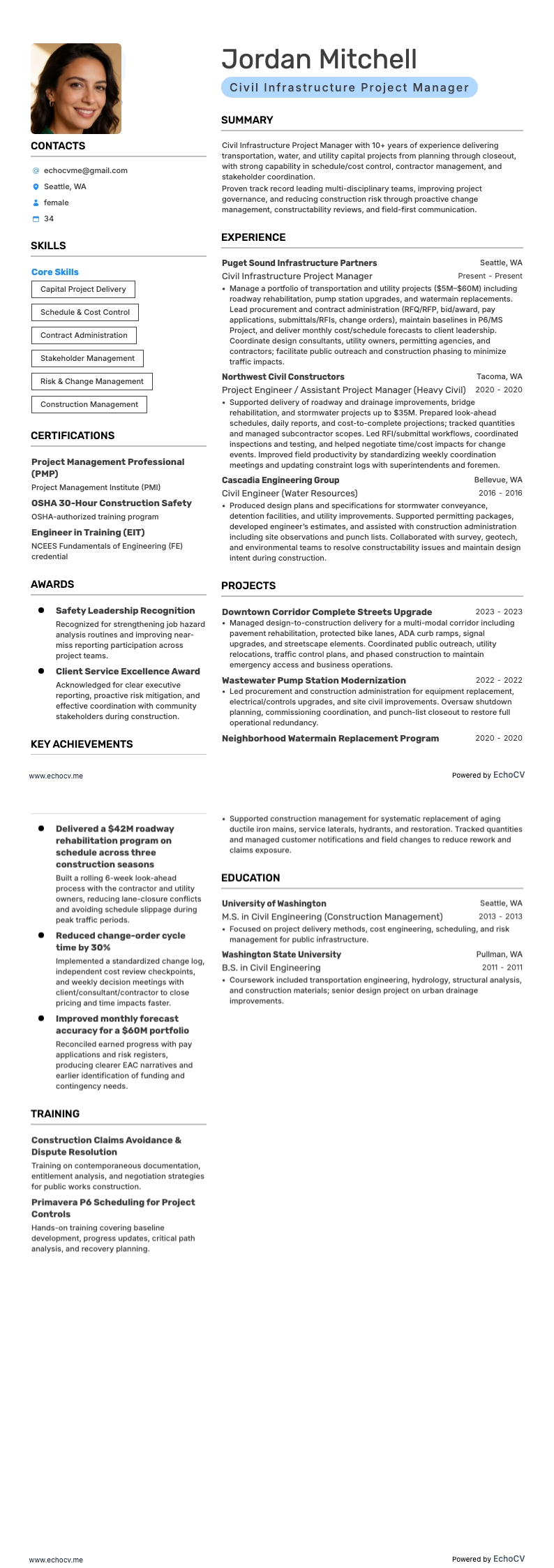 Civil Infrastructure Project Manager example resume