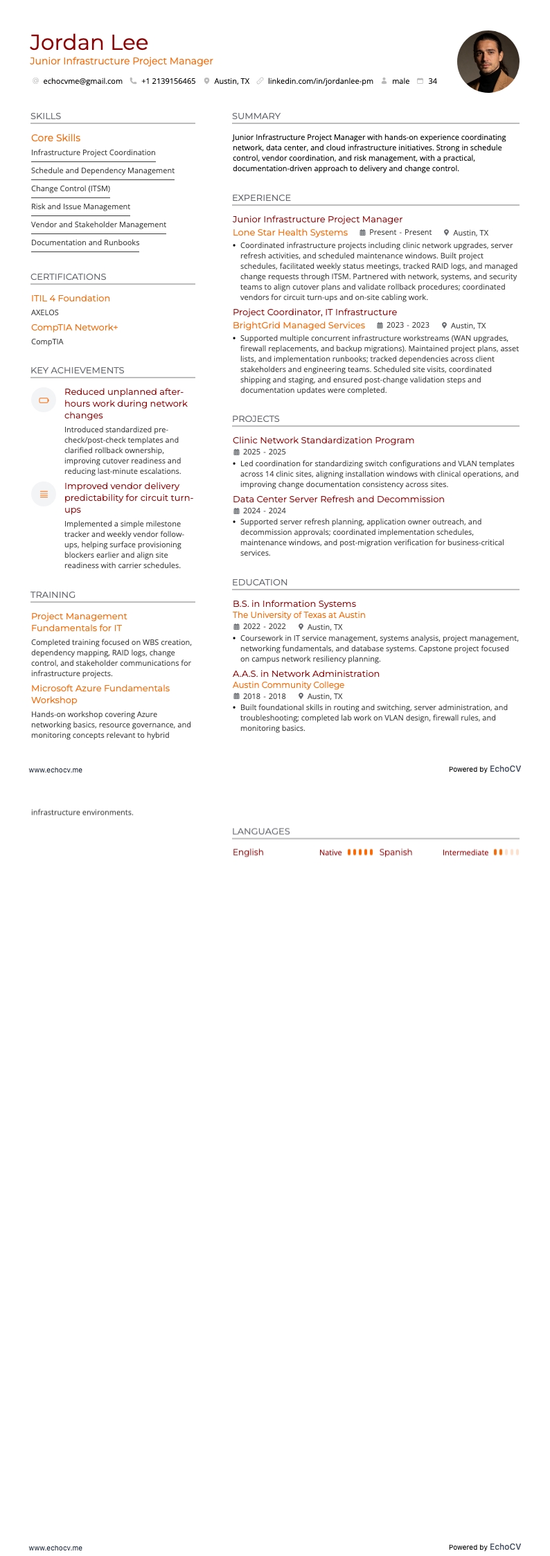 Junior Infrastructure Project Manager example resume