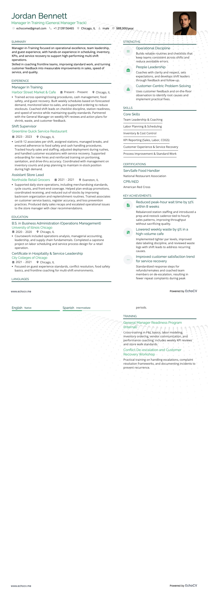 Manager In Training example resume