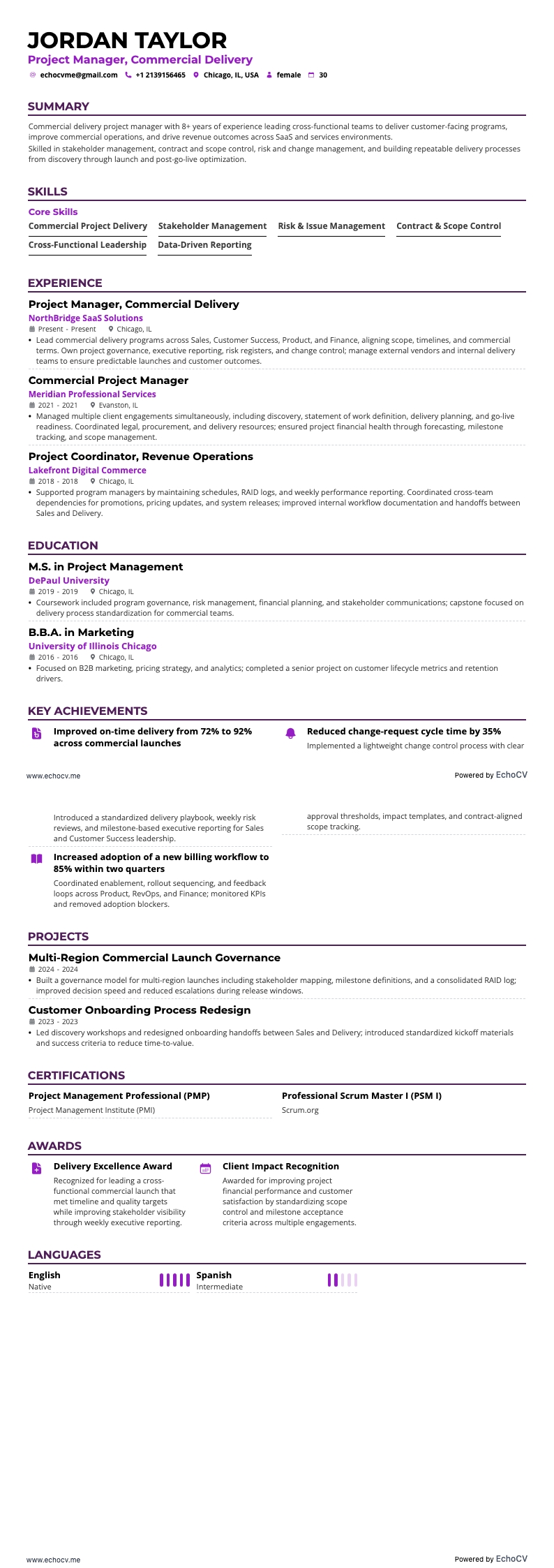 Projektledare, kommersiell leverans resume example
