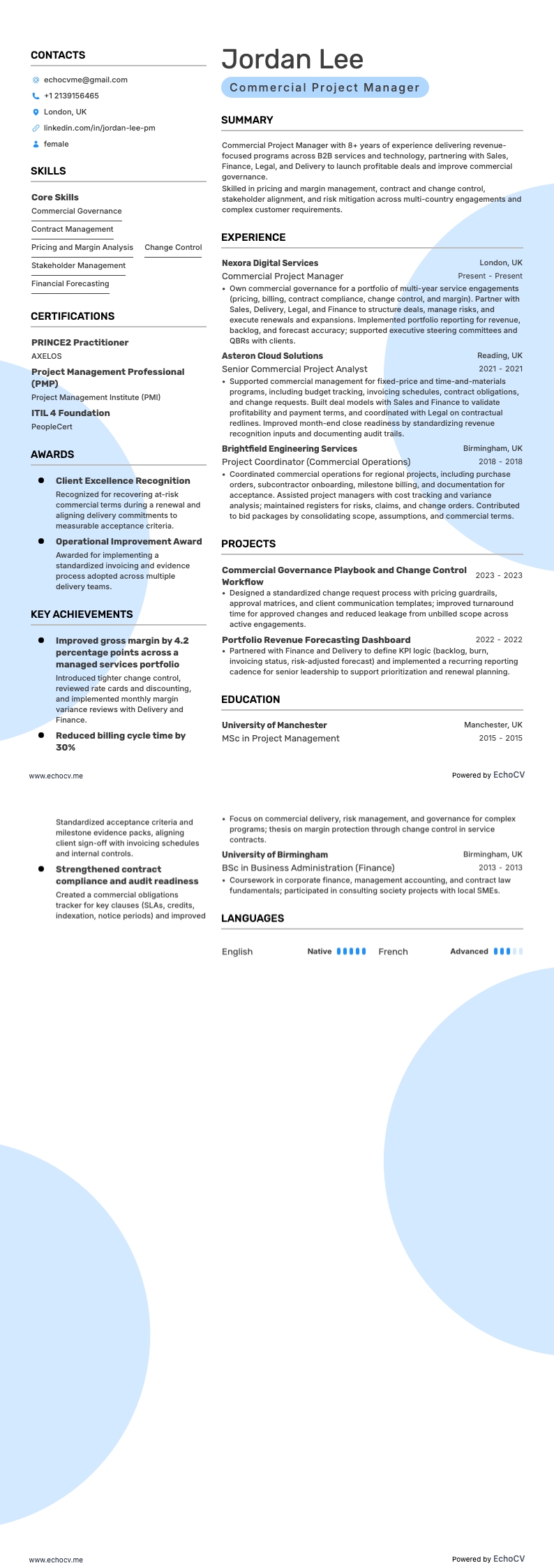 Quản lý dự án thương mại resume example