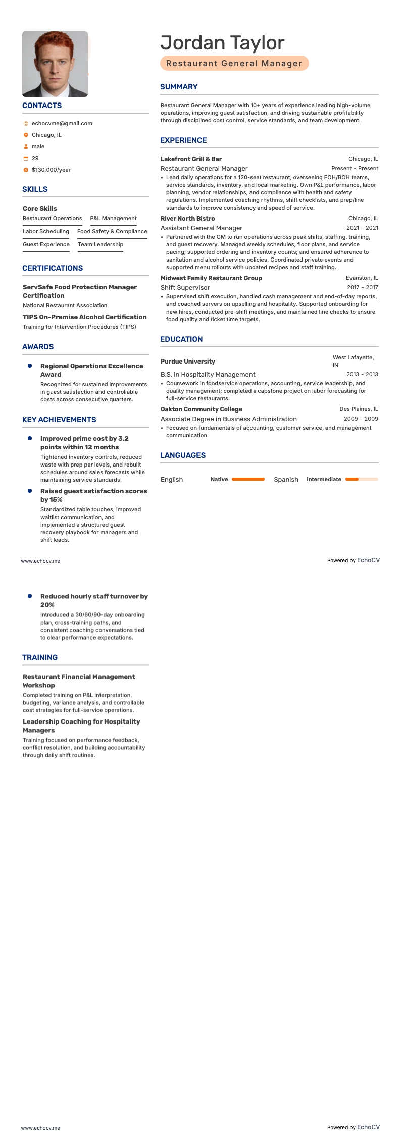 Restaurant General Manager example resume