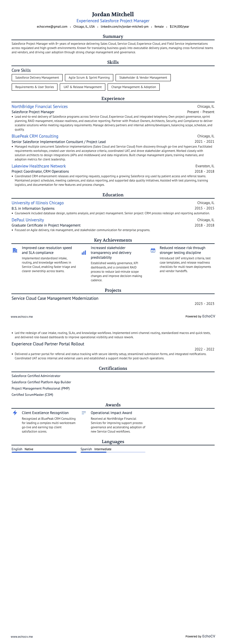Gerente de Projetos Salesforce Experiente example resume