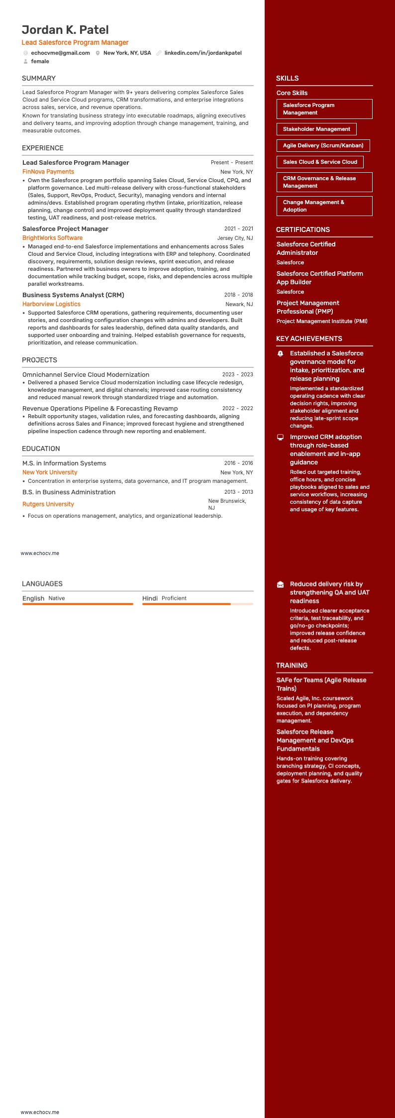 Prévia completa de Gerente Principal de Programas Salesforce