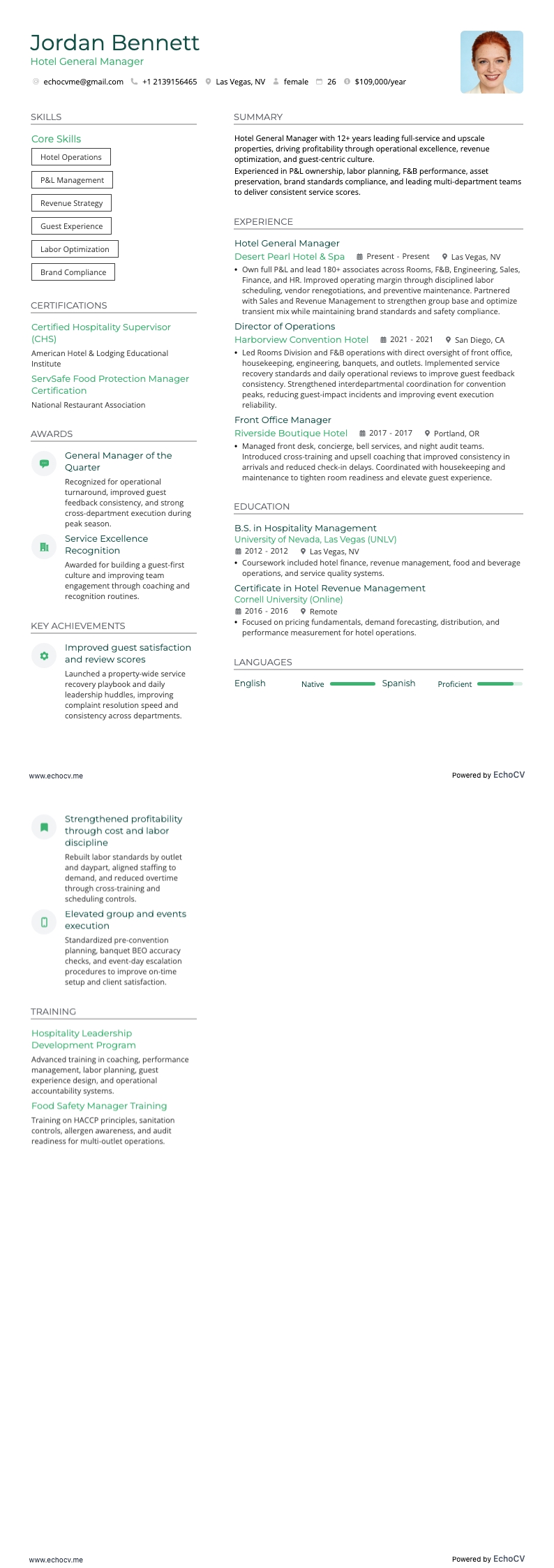 Hotel General Manager example resume