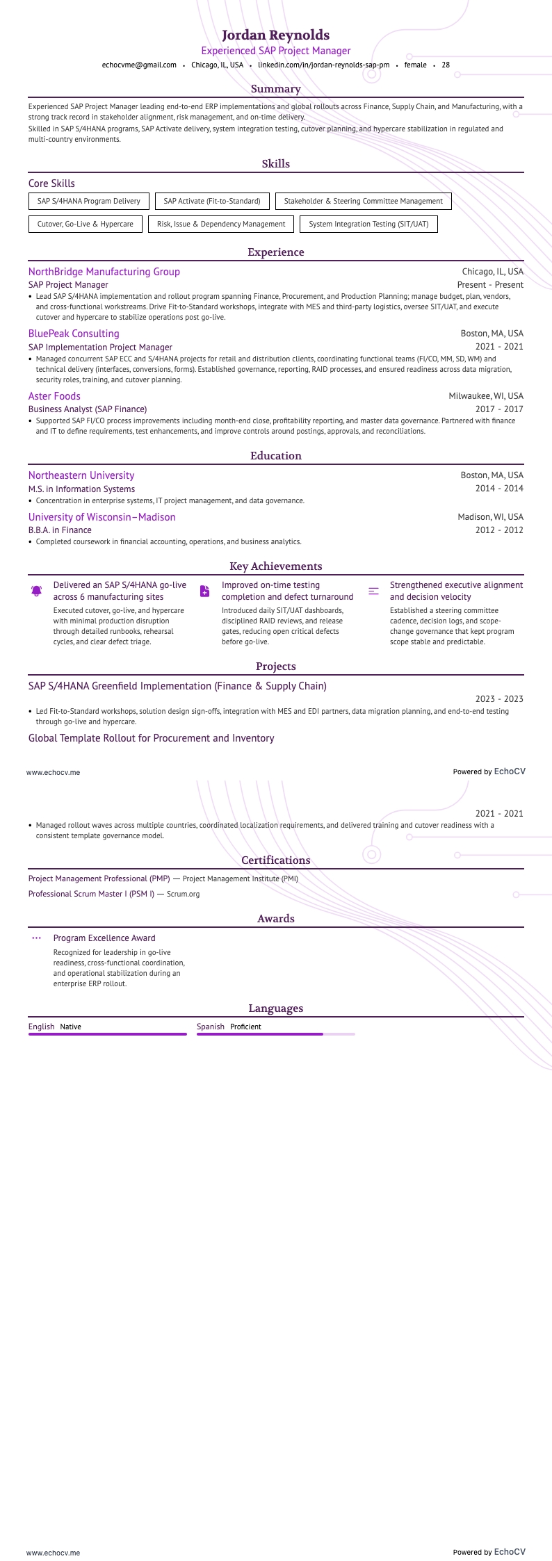 Experienced SAP Project Manager example resume