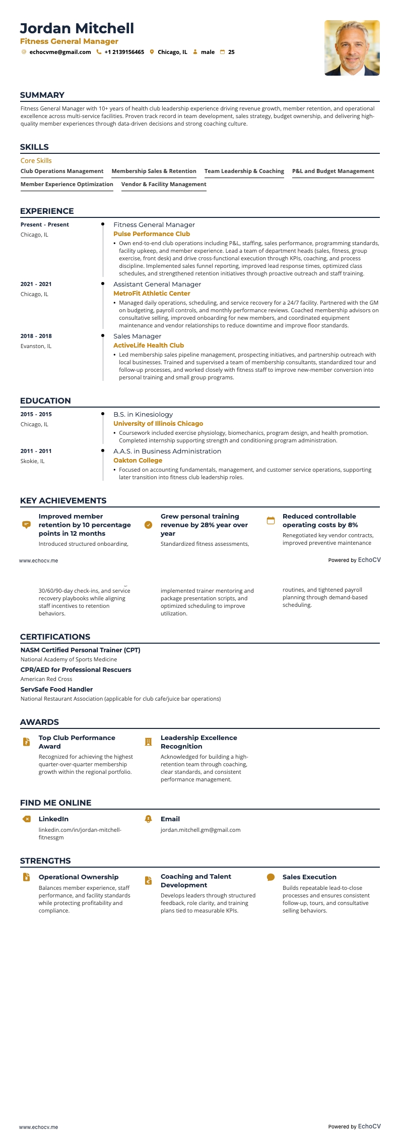 Fitness General Manager example resume