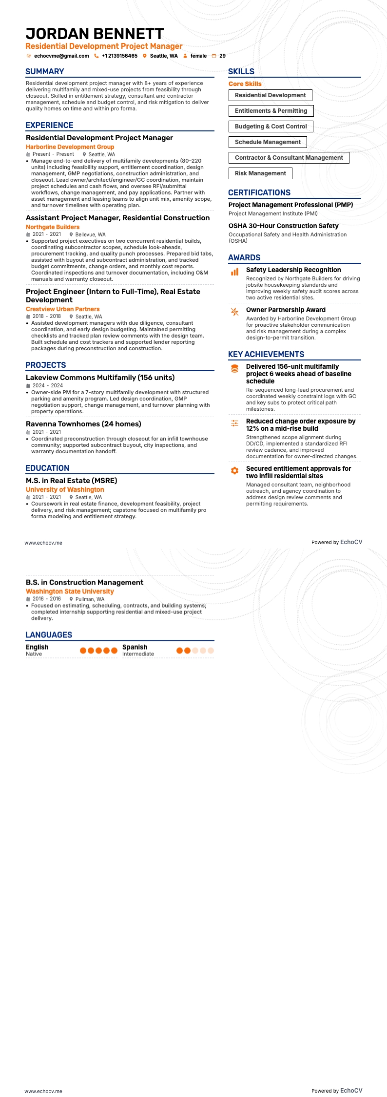 Residential Development Project Manager example resume