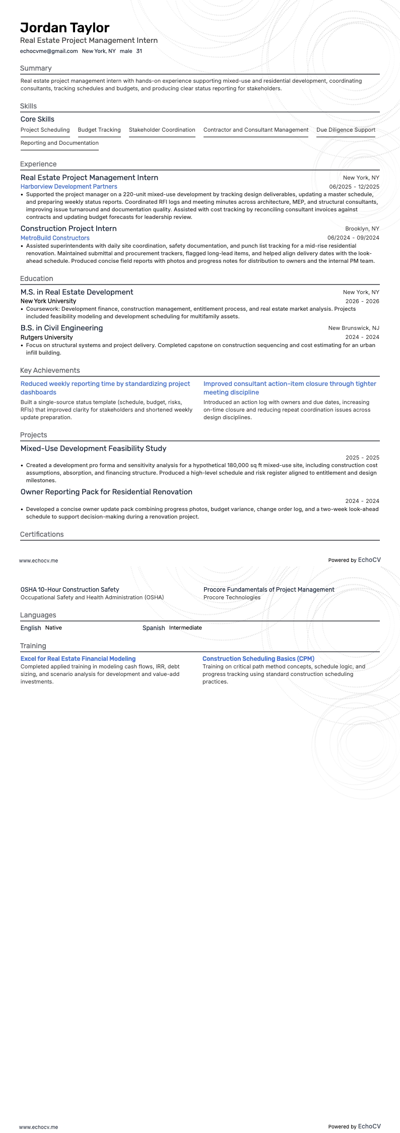 Real Estate Project Management Intern example resume
