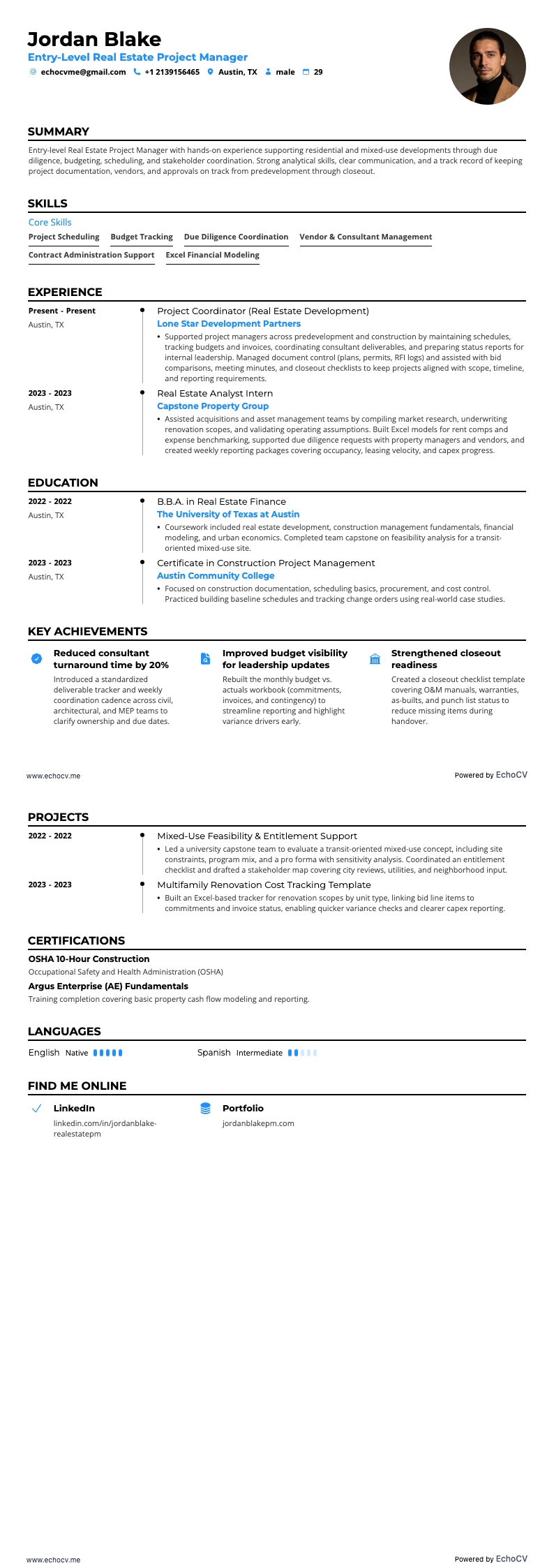 Entry-Level Real Estate Project Manager example resume