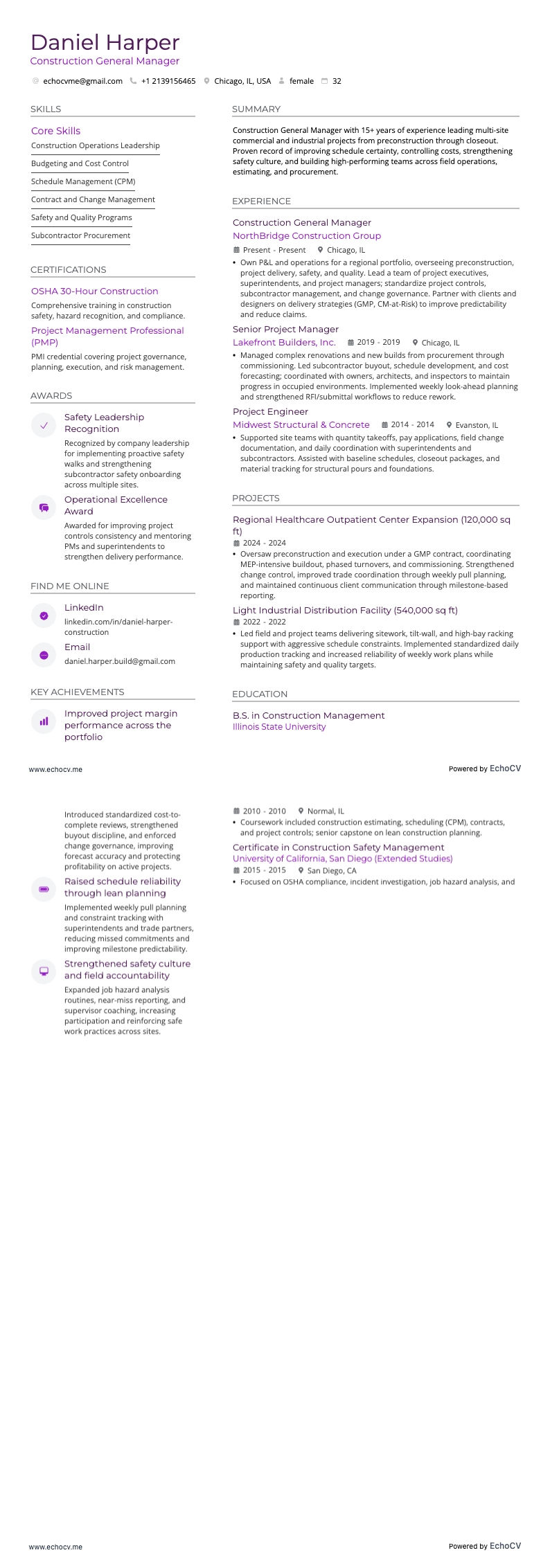 Construction General Manager example resume