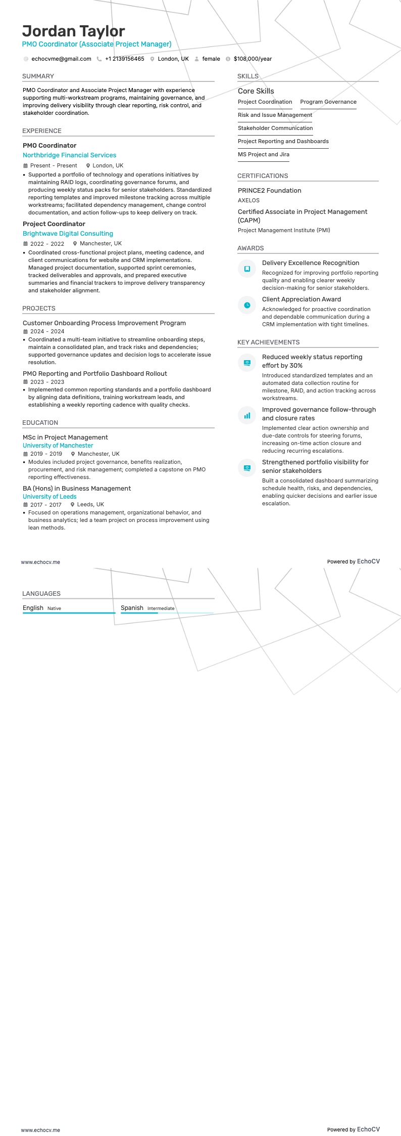 PMO Coordinator example resume