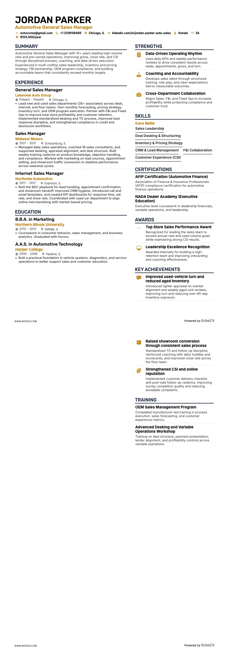 Automotive General Sales Manager example resume