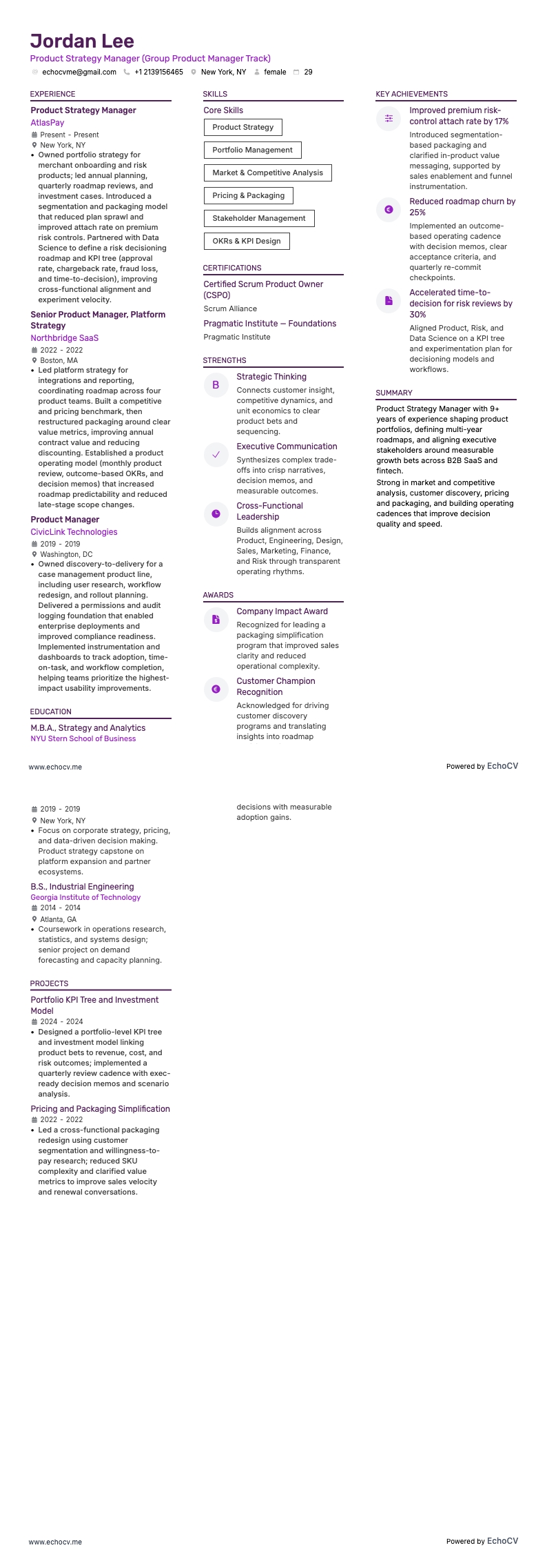 Product Strategy Manager example resume