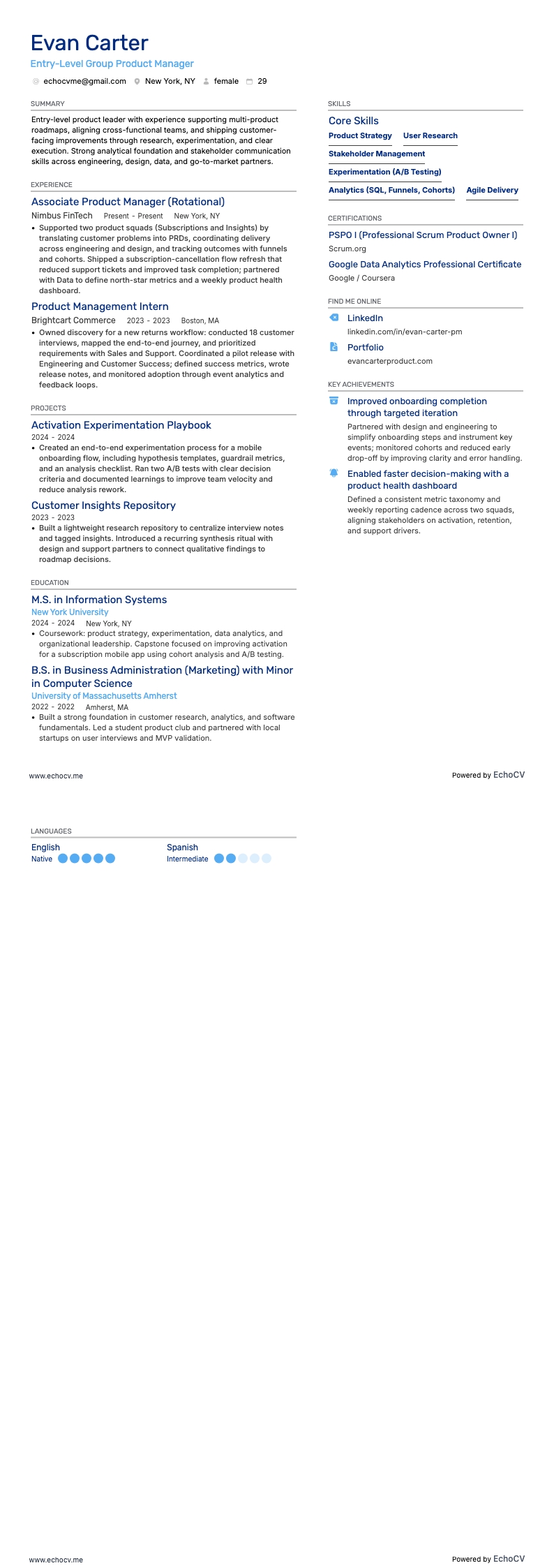 Entry-Level Group Product Manager example resume