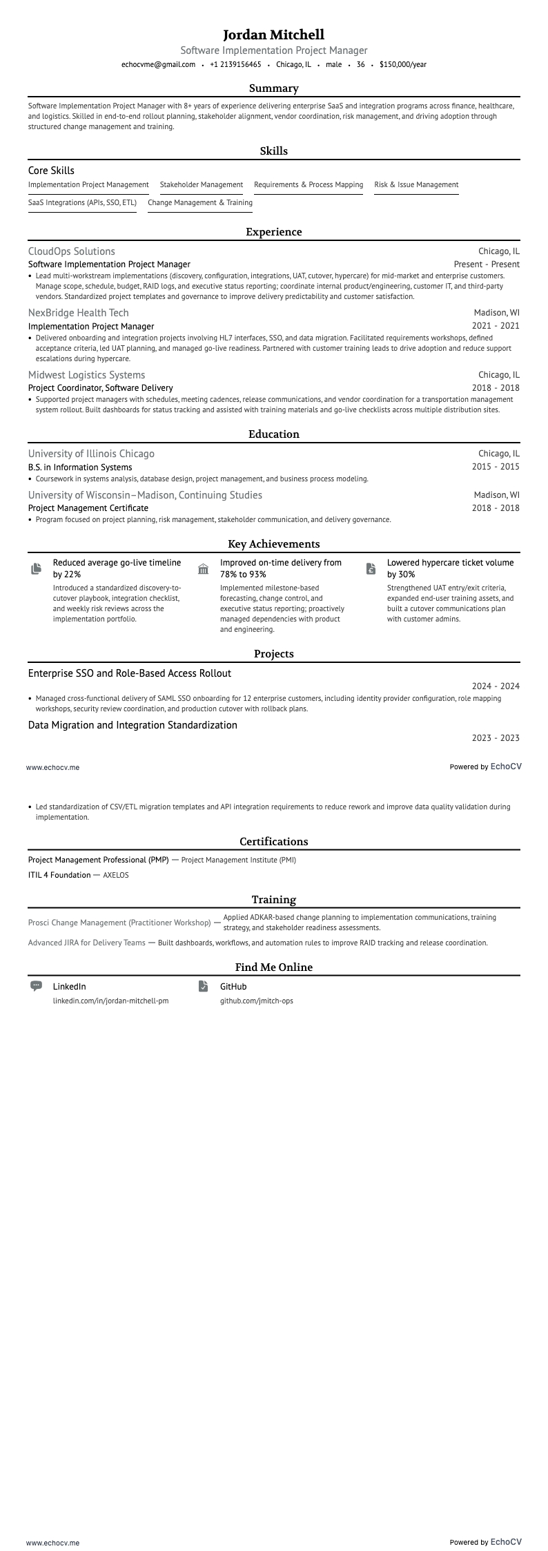 Gerente de Projetos de Implementação de Software example resume