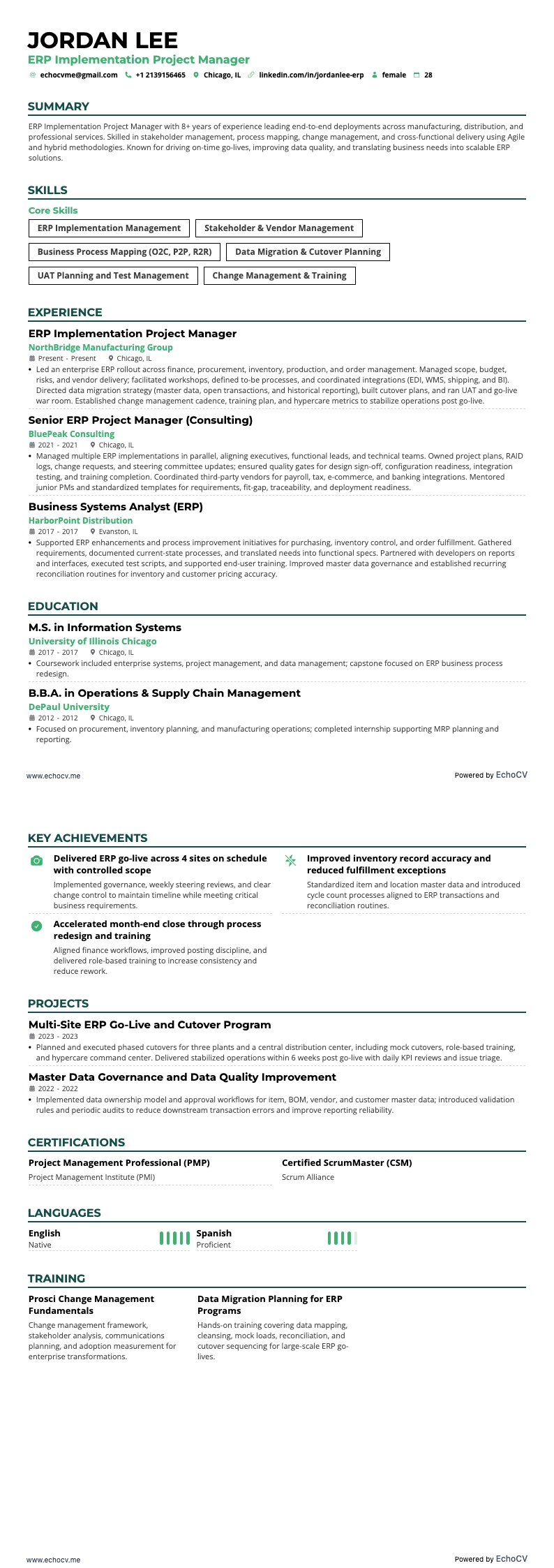 Quản lý Dự án Triển khai resume example