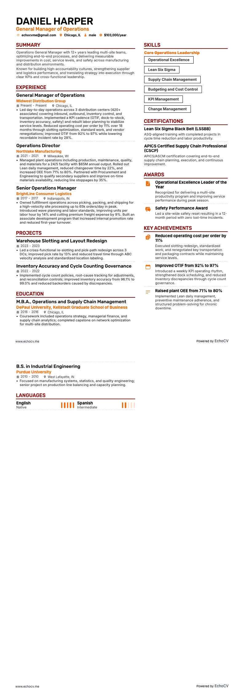 General Manager of Operations example resume