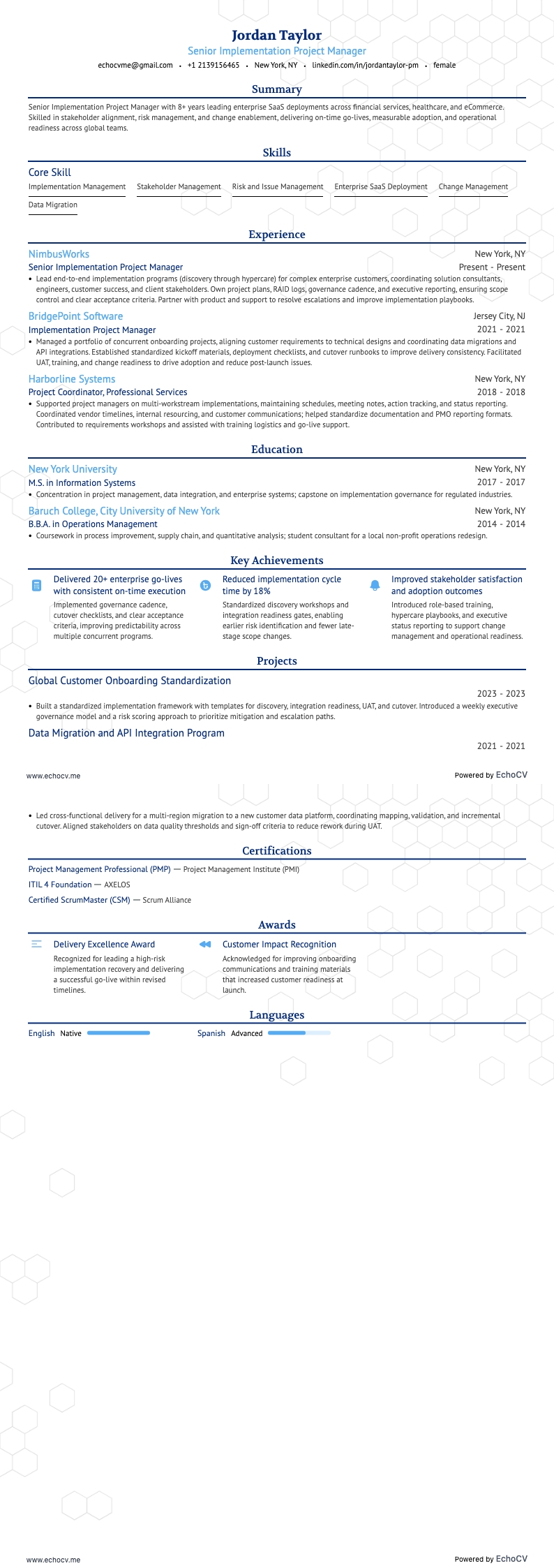 Gerente sênior de projetos de implementação example resume