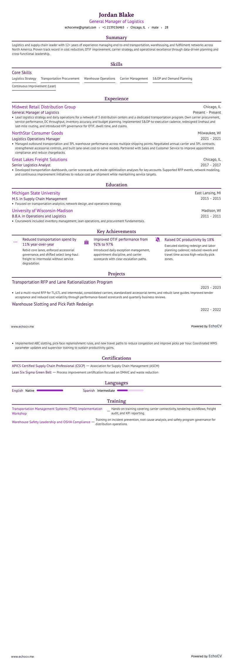 General Manager of Logistics example resume