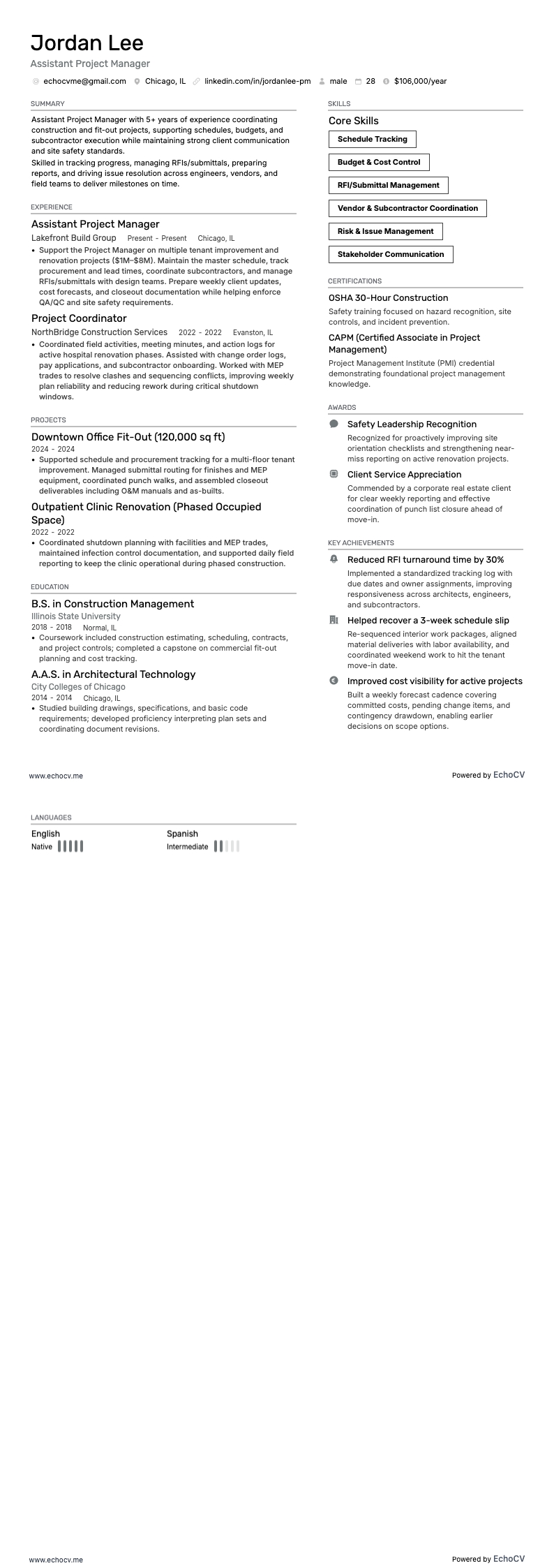 Trợ lý quản lý dự án example resume