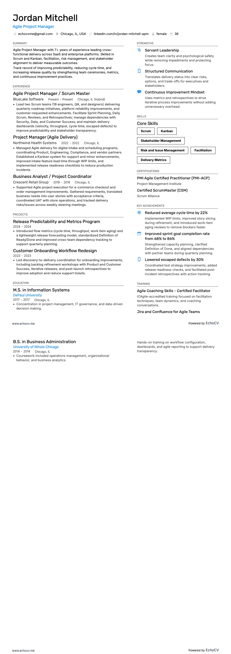 Agile Project Manager example resume