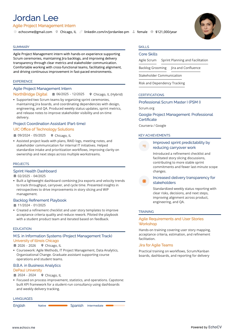 Agile Project Management Intern resume example