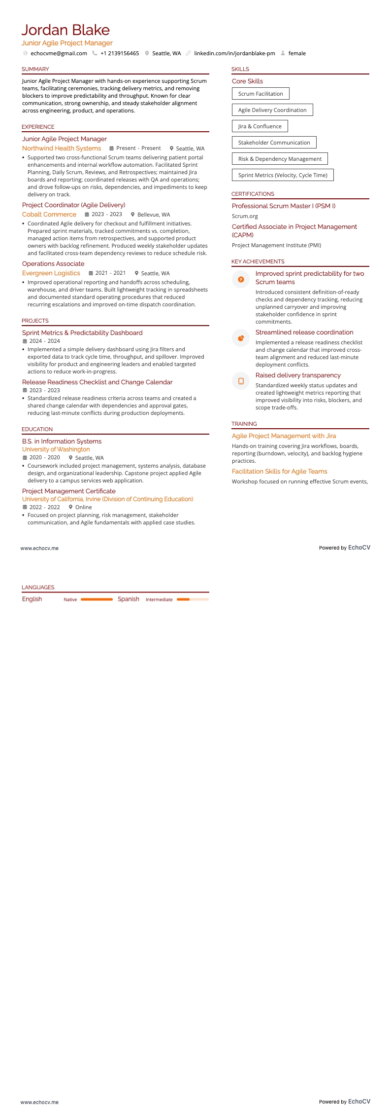 Junior Agile Project Manager example resume