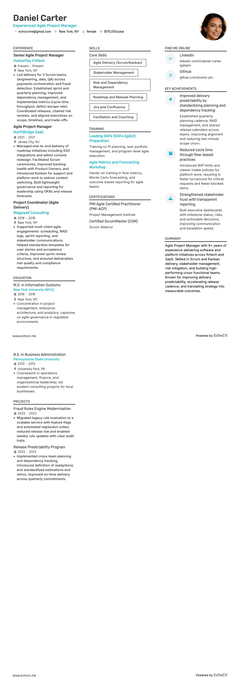 Experienced Agile Project Manager example resume