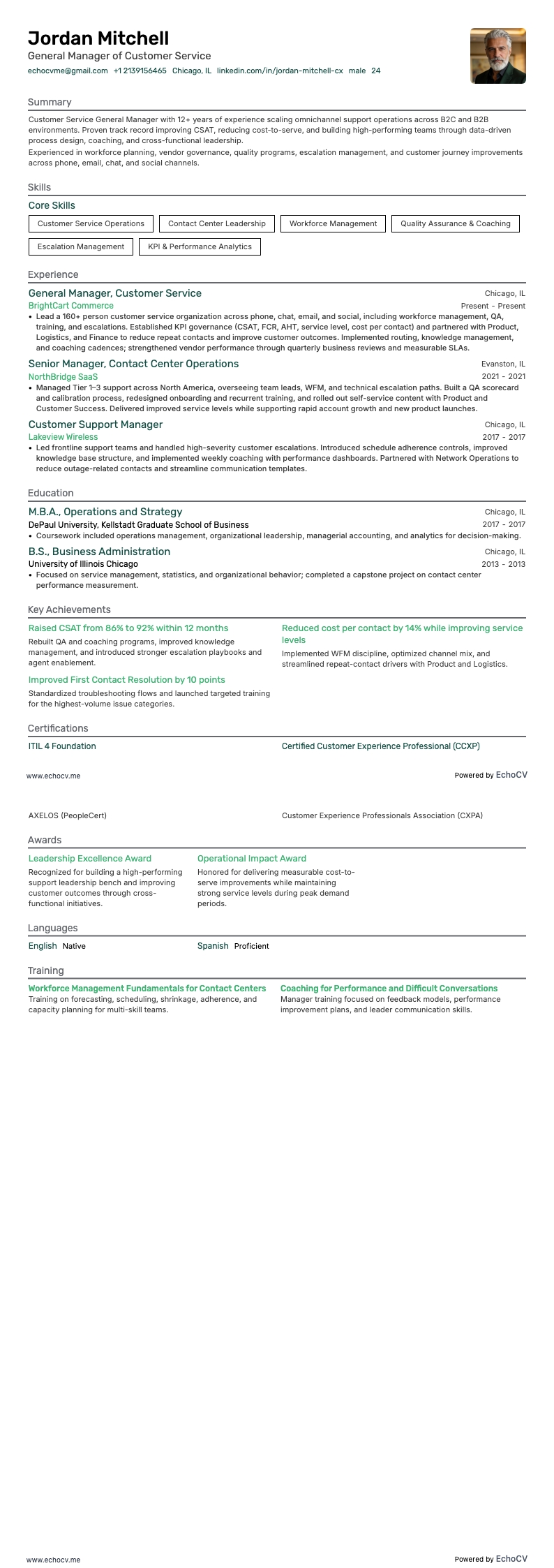 General Manager of Customer Service example resume