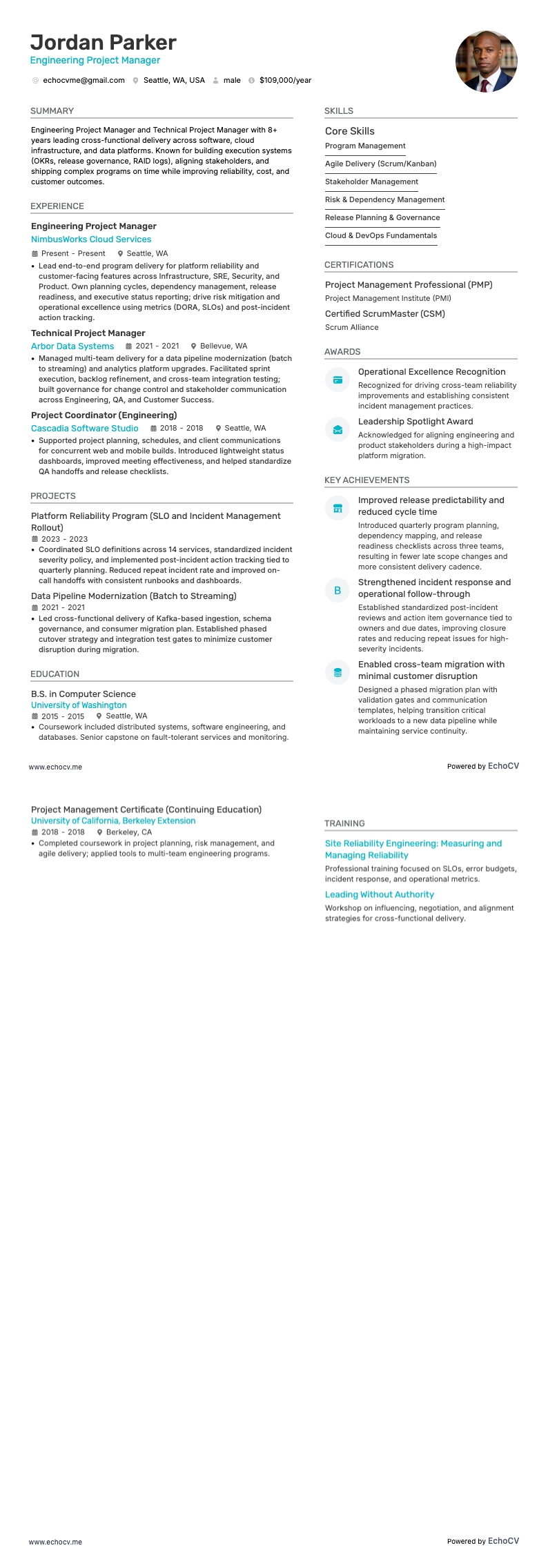 Engineering Project Manager example resume