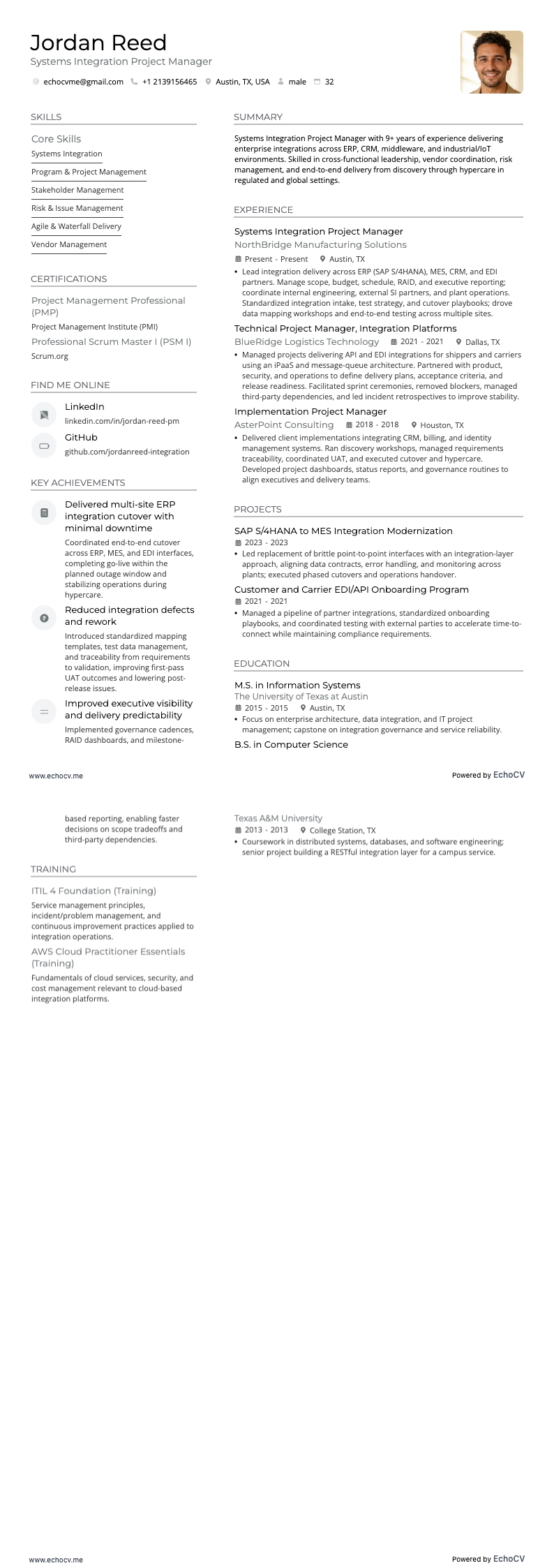Systems Integration Project Manager example resume