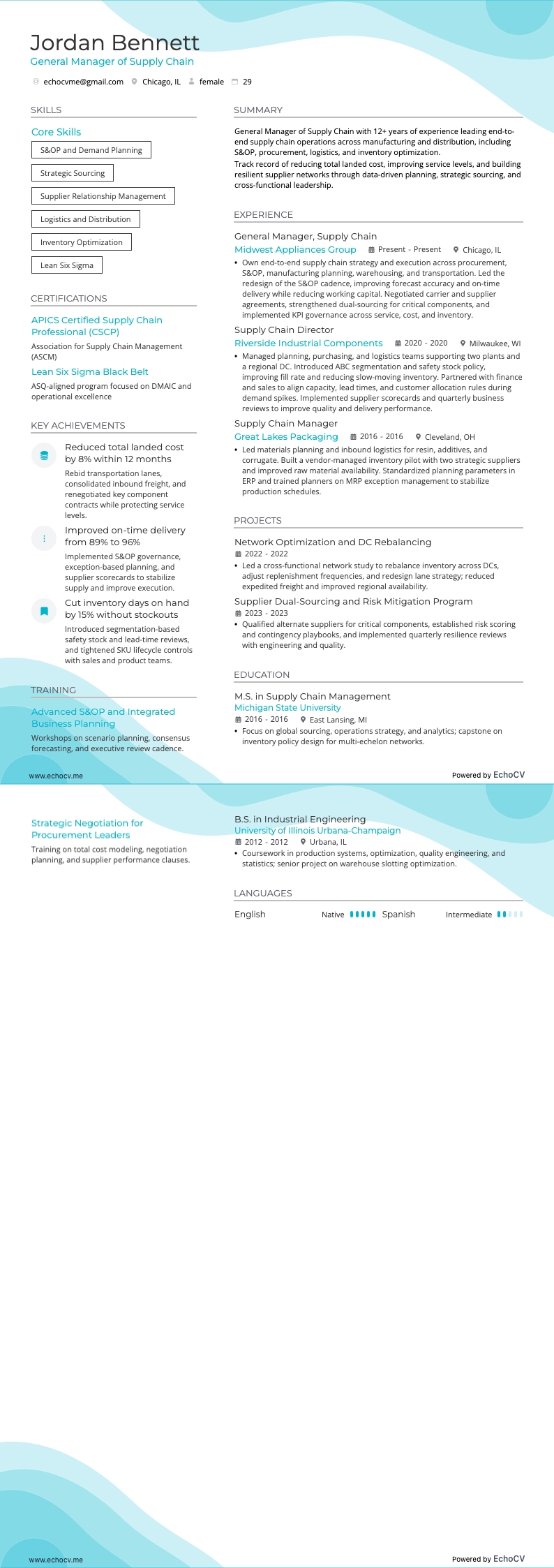 General Manager of Supply Chain example resume