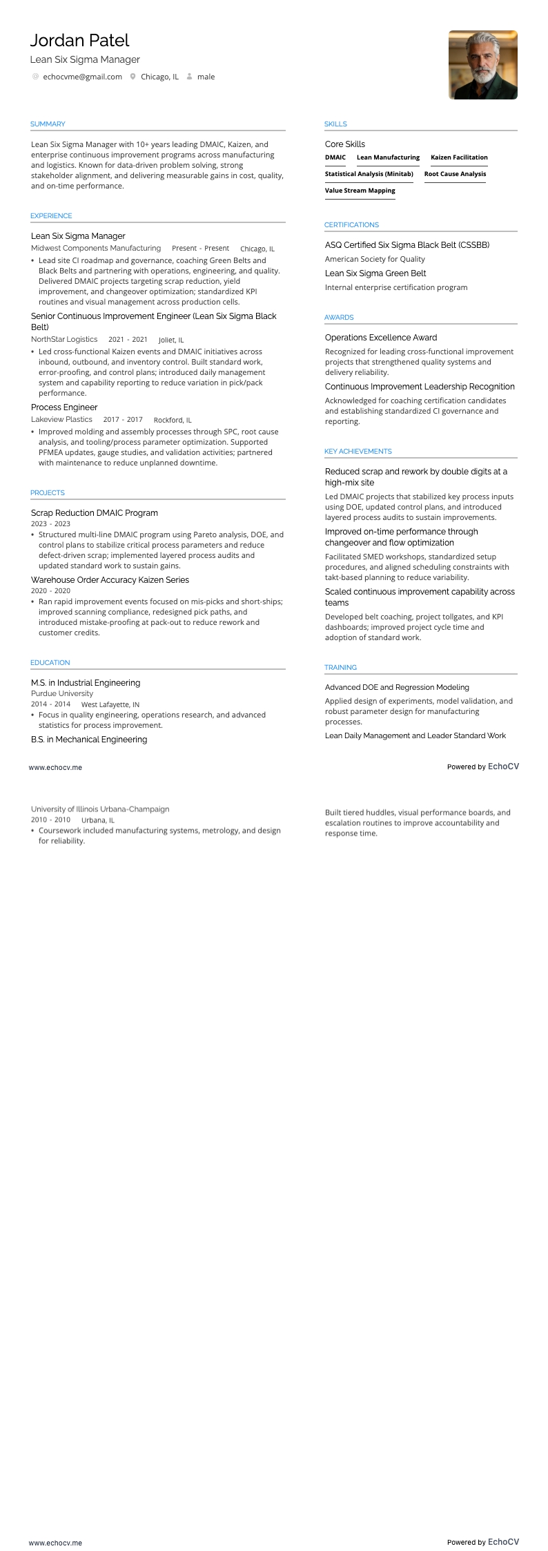 Six Sigma resume example