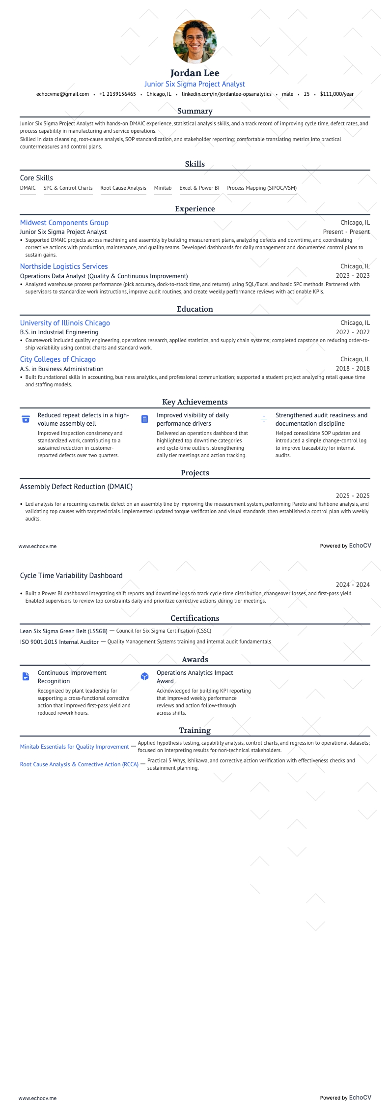 Aperçu complet de Analyste junior de projets Six Sigma